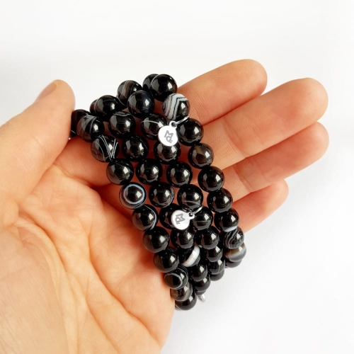 Bransoletka czarny agat pasiasty 8 mm