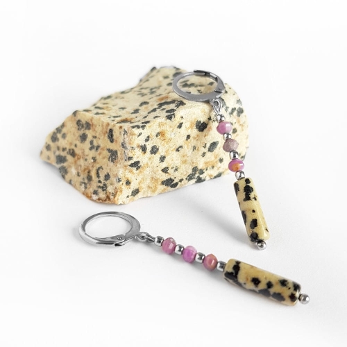 Kolczyki wiszące fosfosyderyt i jaspis dalmatyńczyk stal chirurgiczna