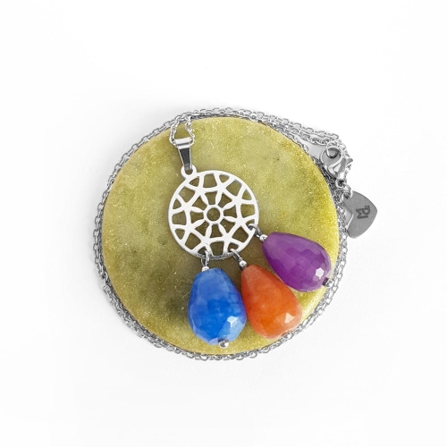 Naszyjnik unikat kolorowe jadeity na srebrnym łańcuszku stal chirurgiczna v.2