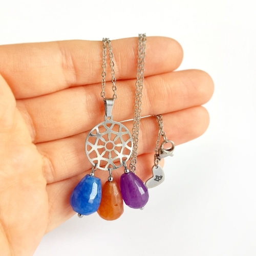Naszyjnik unikat kolorowe jadeity na srebrnym łańcuszku stal chirurgiczna v.2