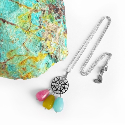 Naszyjnik unikat kolorowe jadeity na srebrnym łańcuszku stal chirurgiczna v.3