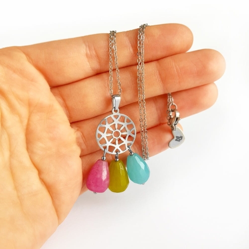 Naszyjnik unikat kolorowe jadeity na srebrnym łańcuszku stal chirurgiczna v.3