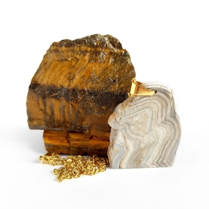 Naszyjnik unikat agat meksykański nieregularna płytka na złotym łańcuszku stal chirurgiczna