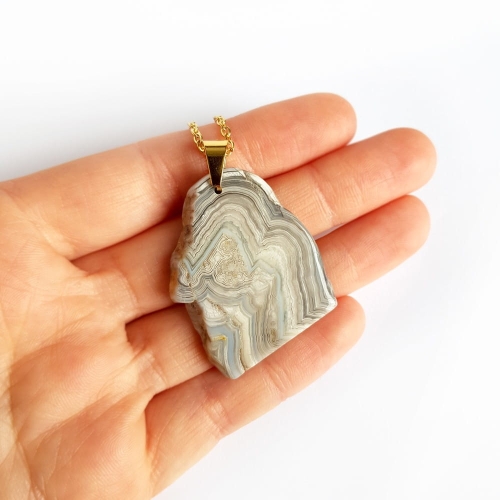 Naszyjnik unikat agat meksykański nieregularna płytka na złotym łańcuszku stal chirurgiczna