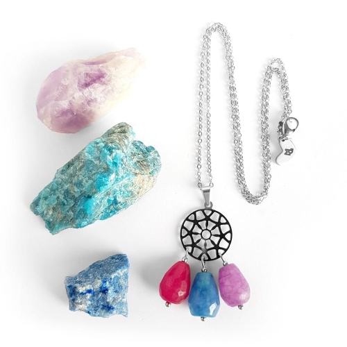 Naszyjnik unikat kolorowe jadeity na srebrnym łańcuszku stal chirurgiczna v.4