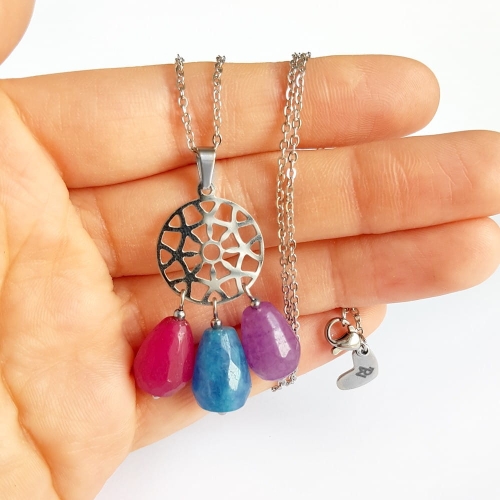 Naszyjnik unikat kolorowe jadeity na srebrnym łańcuszku stal chirurgiczna v.4