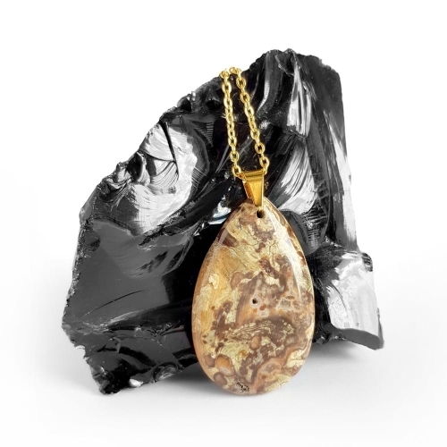 Naszyjnik unikat jaspis kwiatowy kropla na złotym łańcuszku stal chirurgiczna