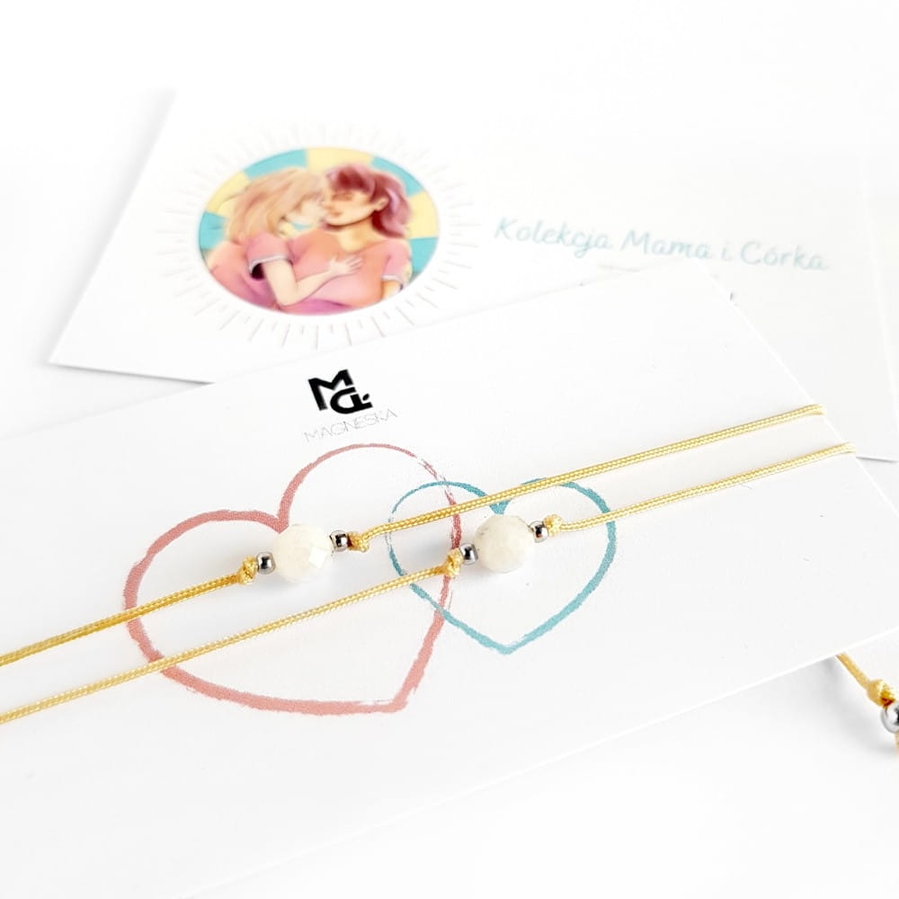 Bransoletki dla mamy i córki kamień księżycowy na beżowym sznurku