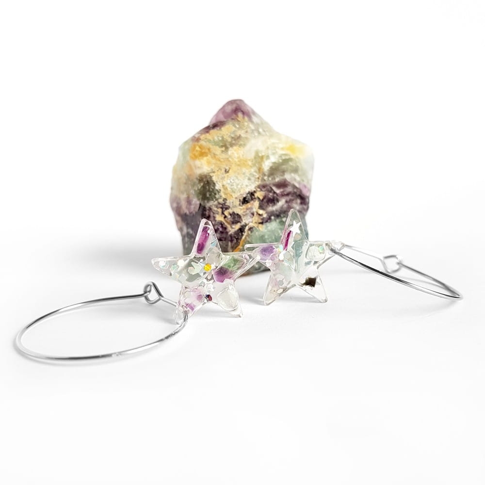 Kolczyki unikaty fluoryt gwiazdki na srebrnych kółeczkach stal chirurgiczna Sparkles fluorite