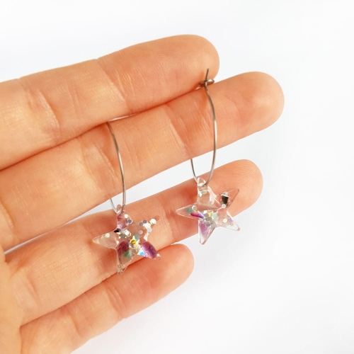 Kolczyki unikaty fluoryt gwiazdki na srebrnych kółeczkach stal chirurgiczna Sparkles fluorite