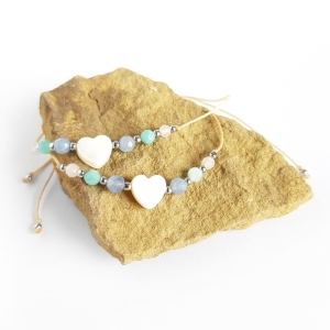 Bransoletka masa perłowa, jadeit, amazonit i kwarc różowy na beżowym sznurku