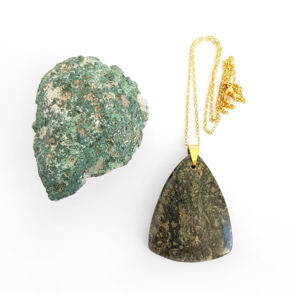 Naszyjnik unikat jaspis kambaba trójkąt na złotym łańcuszku stal chirurgiczna