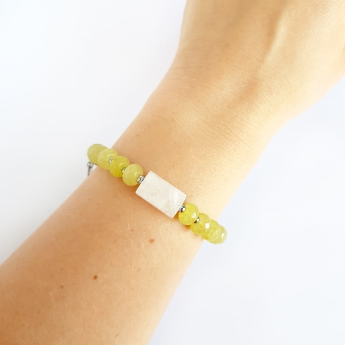 Bransoletka kryształ górski, zielony jadeit i hematyt