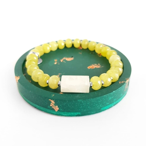 Bransoletka kryształ górski, zielony jadeit i hematyt