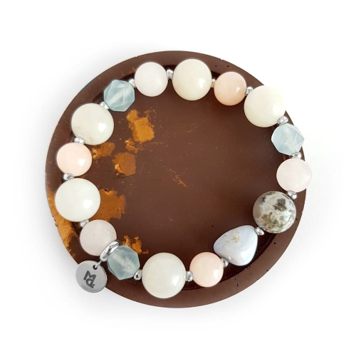 Bohemian bransoletka unikat kwarc różowy, jadeit, marmurek, agat mszysty, agat niebieski i hematyt