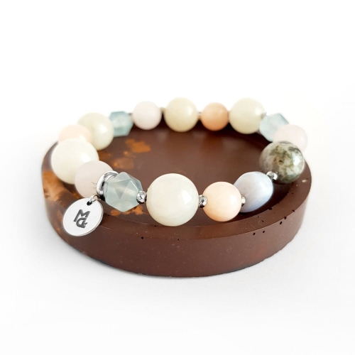 Bohemian bransoletka unikat kwarc różowy, jadeit, marmurek, agat mszysty, agat niebieski i hematyt