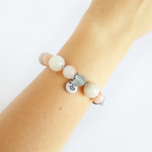 Bohemian bransoletka unikat kwarc różowy, jadeit, marmurek, agat mszysty, agat niebieski i hematyt