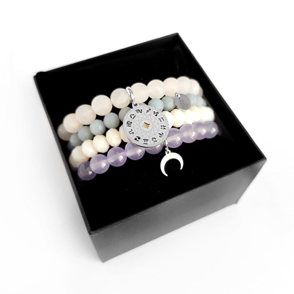 Zestaw bransoletek z kwarcu różowego, angelitu, jadeitu i szkła Pastel zodiac