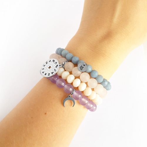 Zestaw bransoletek z kwarcu różowego, angelitu, jadeitu i szkła Pastel zodiac