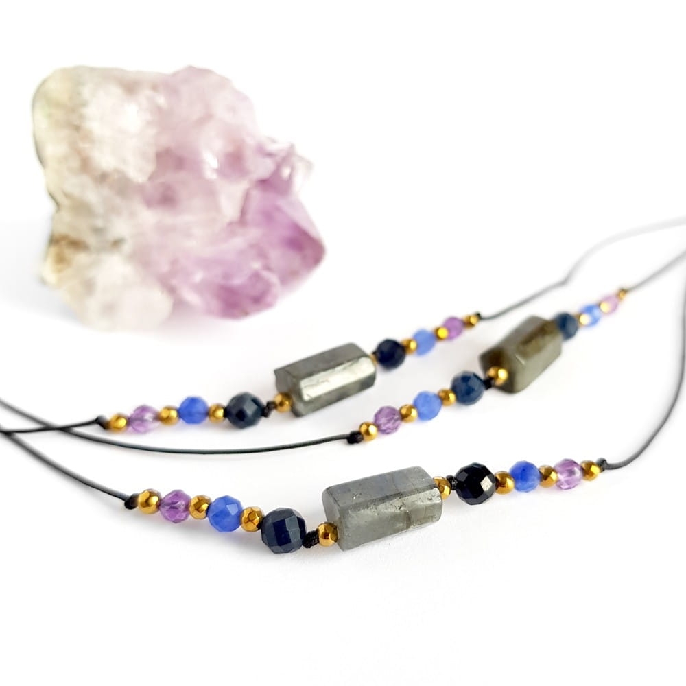 Bransoletka labradoryt, agat, ametyst i hematyt na czarnym sznurku