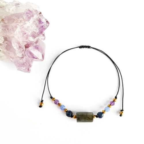 Bransoletka labradoryt, agat, ametyst i hematyt na czarnym sznurku