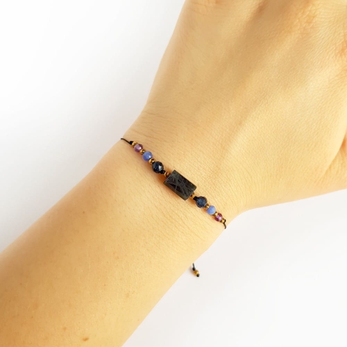 Bransoletka labradoryt, agat, ametyst i hematyt na czarnym sznurku