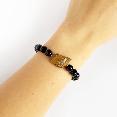 Bransoletka ochronna - tygrysie oko, czarny agat pasiasty i hematyt