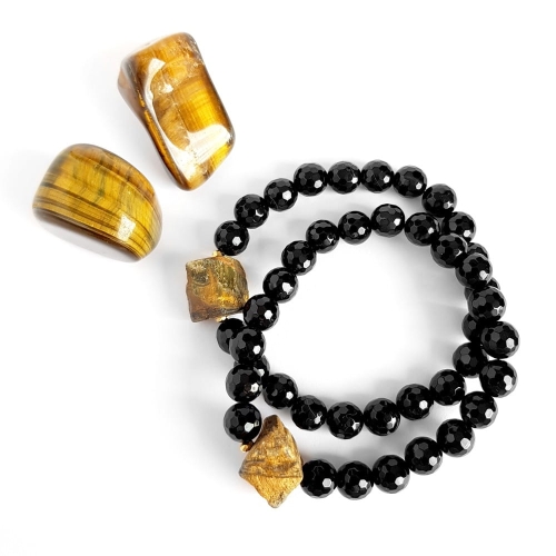 Bransoletka ochronna - tygrysie oko, czarny agat pasiasty i hematyt