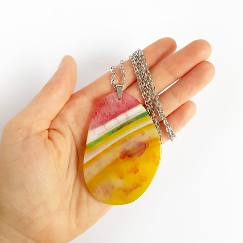 Naszyjnik unikat agat z kwarcem kolorowy plaster stal chirurgiczna