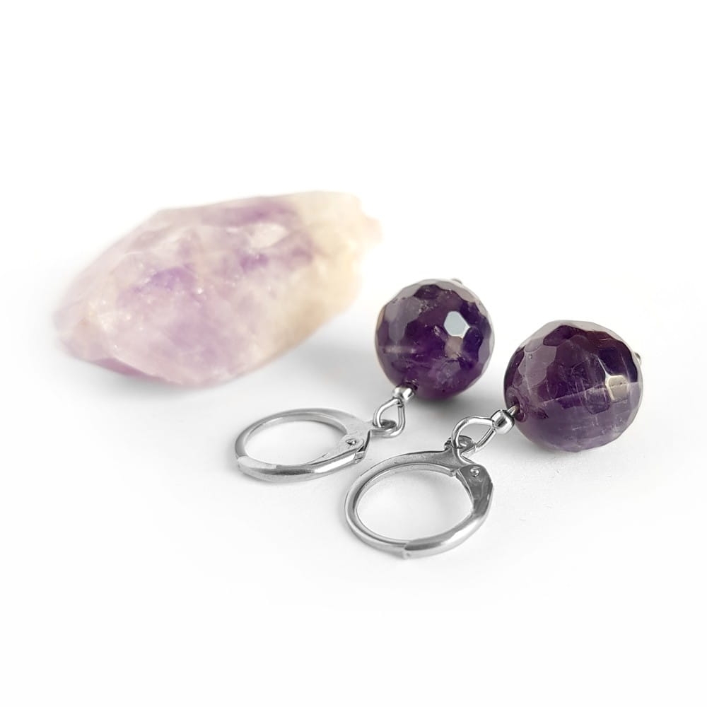 Kolczyki wiszące ametyst kule stal chirurgiczna