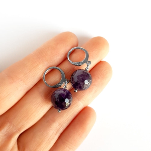 Kolczyki wiszące ametyst kule stal chirurgiczna