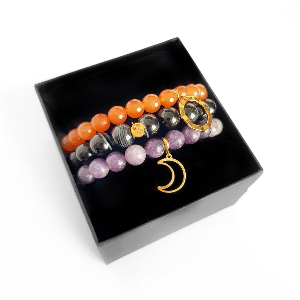 Zestaw bransoletek jadeit, czarny agat pasiasty i sugilit Autumn berries