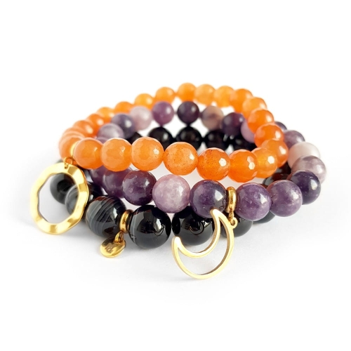 Zestaw bransoletek jadeit, czarny agat pasiasty i sugilit Autumn berries