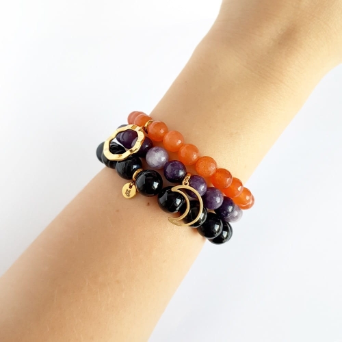 Zestaw bransoletek jadeit, czarny agat pasiasty i sugilit Autumn berries