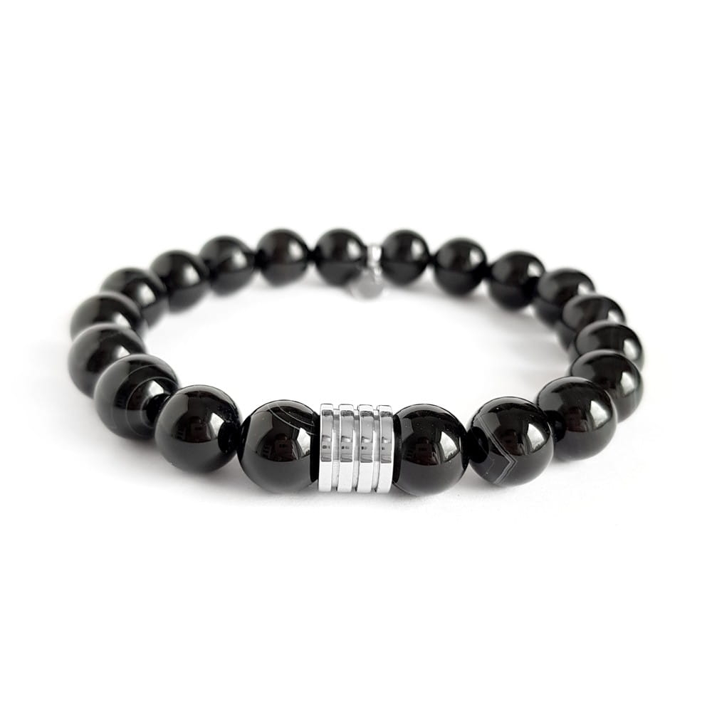 Męska bransoletka z kamieni naturalnych czarny agat pasiasty i stal chirurgiczna
