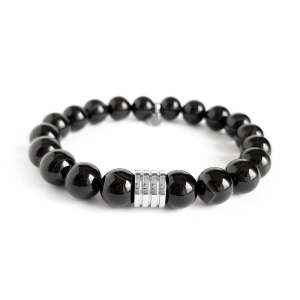Męska bransoletka z kamieni naturalnych czarny agat pasiasty i stal chirurgiczna