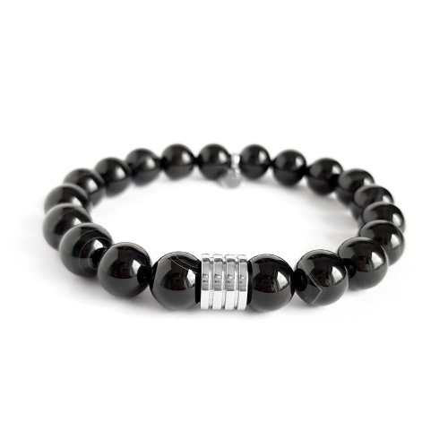 Męska bransoletka z kamieni naturalnych czarny agat pasiasty i stal chirurgiczna