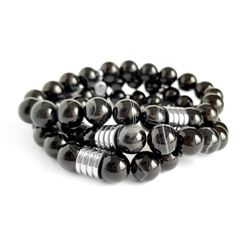 Męska bransoletka z kamieni naturalnych czarny agat pasiasty i stal chirurgiczna