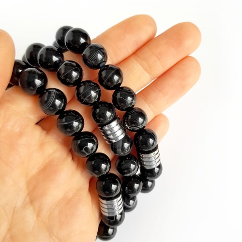 Męska bransoletka z kamieni naturalnych czarny agat pasiasty i stal chirurgiczna