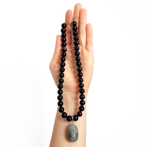 Naszyjnik choker unikat czarny agat pasiasty i labradoryt