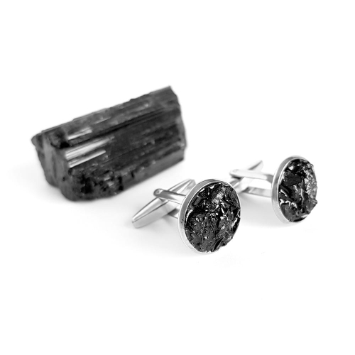 Spinki do mankietów czarny turmalin w żywicy stal chirurgiczna Sparkles black