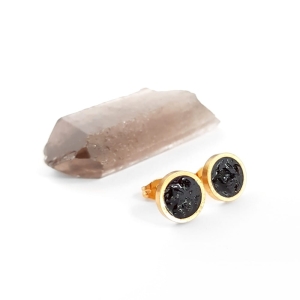 Kolczyki sztyfty czarny turmalin w żywicy złota stal chirurgiczna szeroki rant Sparkles black