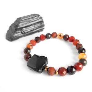 Bransoletka czarny turmalin, pomarańczowy agat pasiasty i hematyt