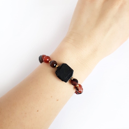 Bransoletka czarny turmalin, pomarańczowy agat pasiasty i hematyt
