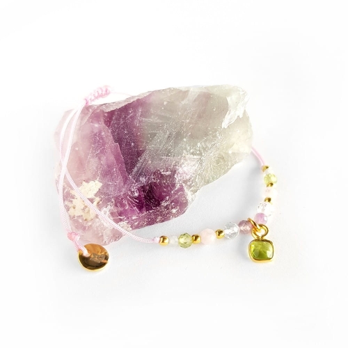 Bransoletka peridot, ametyst, topaz, morganit i akwamaryn na różowym sznurku srebro p.925 pozłacane