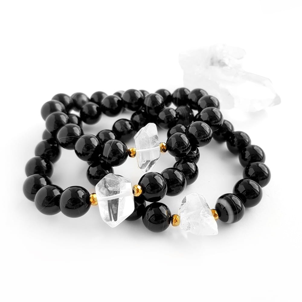 Bransoletka kryształ górski, czarny agat pasiasty i hematyt