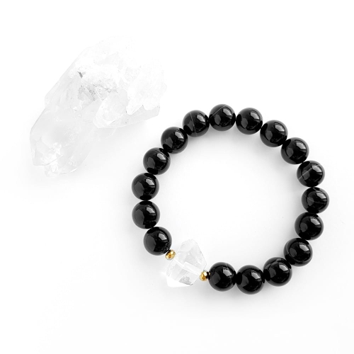 Bransoletka kryształ górski, czarny agat pasiasty i hematyt
