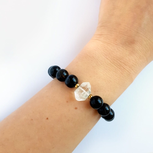 Bransoletka kryształ górski, czarny agat pasiasty i hematyt