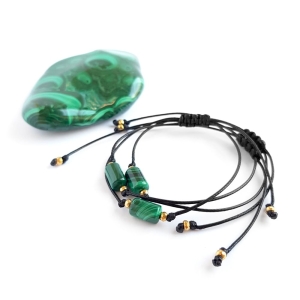Bransoletka malachit wałeczek i hematyt na czarnym sznurku