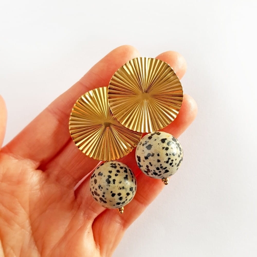 Kolczyki jaspis dalmatyńczyk i złota stal chirurgiczna